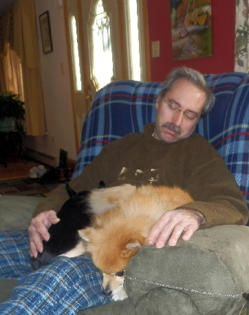 Jim with Kitsu and Jacquay napping Christmas 2012